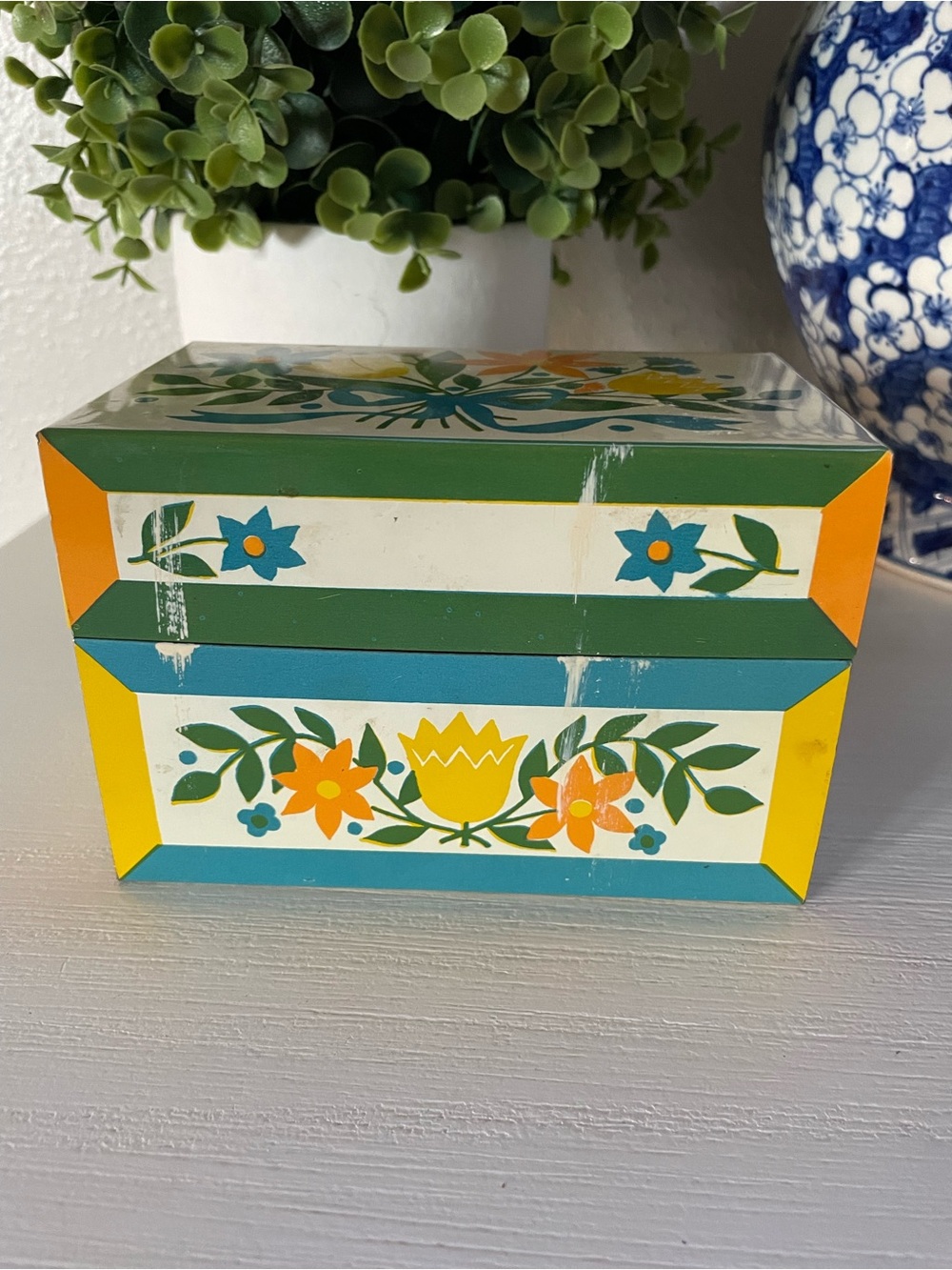 Vintage Metal Recipe Box Yellow Turquoise Green Floral Syndicate Mfg
